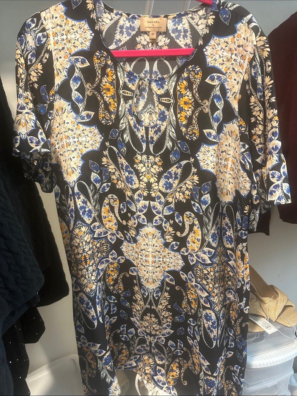Kachel Black Floral-Print Short Sleeve Midi Dress